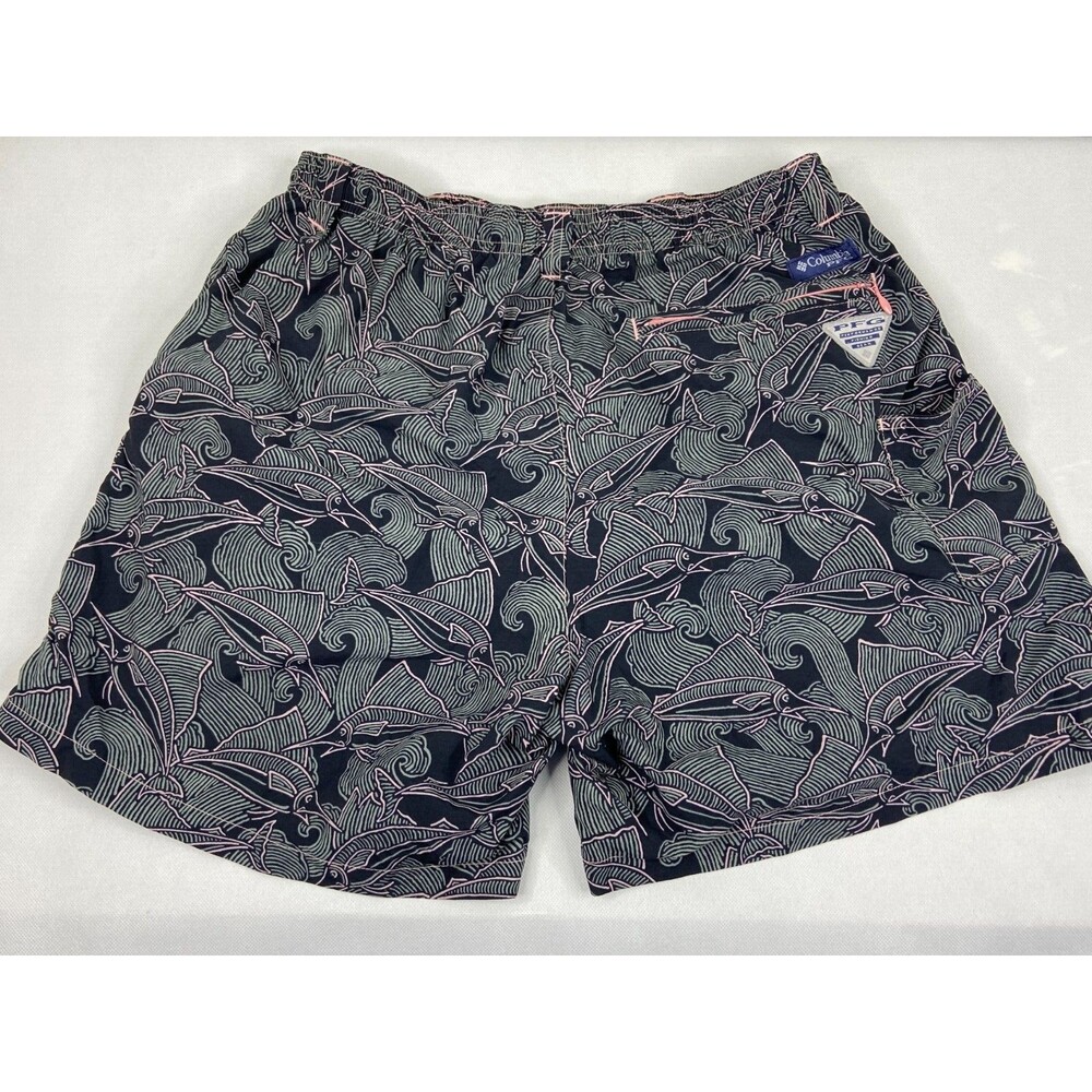 Columbia Men Medium Board Shorts Black Fish Print Swim Suit Trunks